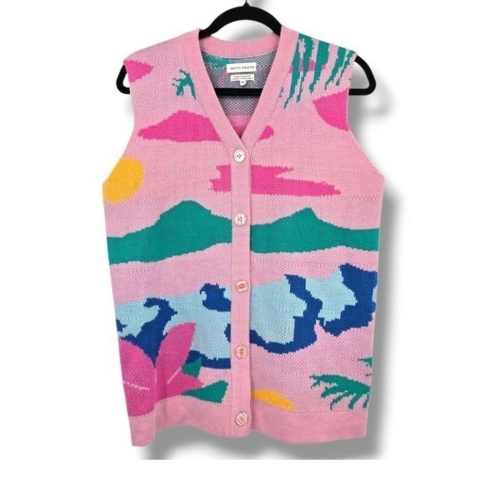 Native Youth Sweater Vest‎ Colorful Landscape Sleeveless Knit Top XS